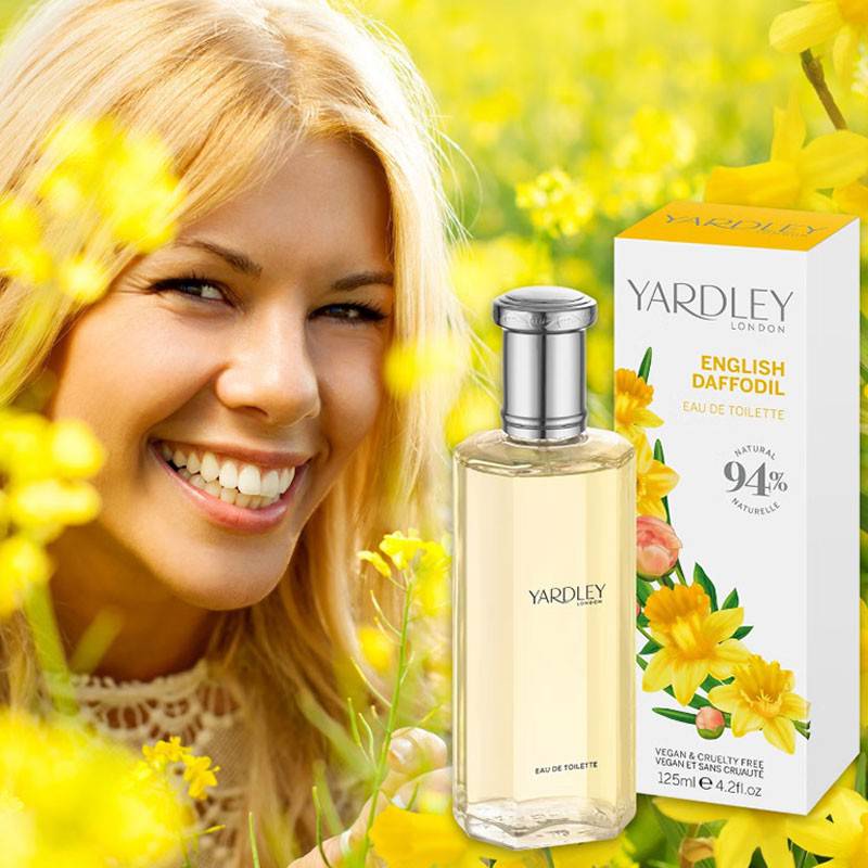 Yardley English Daffodil Eau De Toilette bottle with floral design, showcasing a bright daffodil motif for her.