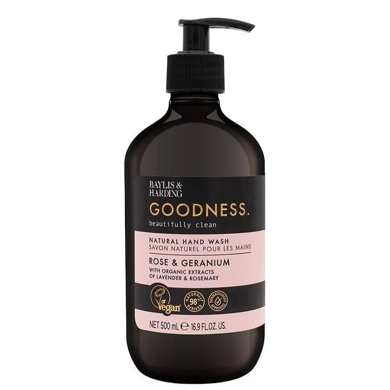 Baylis & Harding Goodness Rose & Geranium natural hand wash bottle with floral label and pump dispenser on a bathroom countertop.