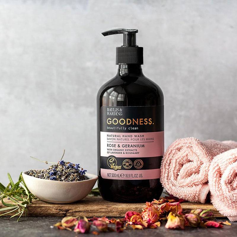 Baylis & Harding Goodness Rose & Geranium natural hand wash in a clear pump bottle with floral label and creamy liquid inside.