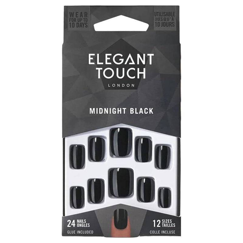 Elegant Touch black nail extensions with adhesive glue, showcasing a sleek, stylish manicure design.
