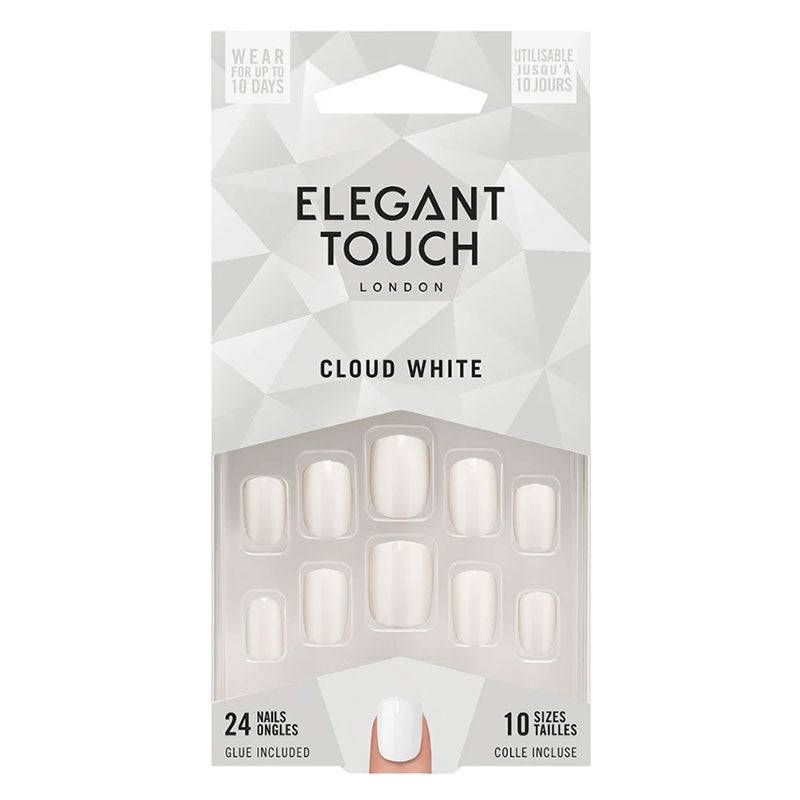 Elegant Touch Cloud White nail set with glue, showcasing stylish white press-on nails for a polished look.
