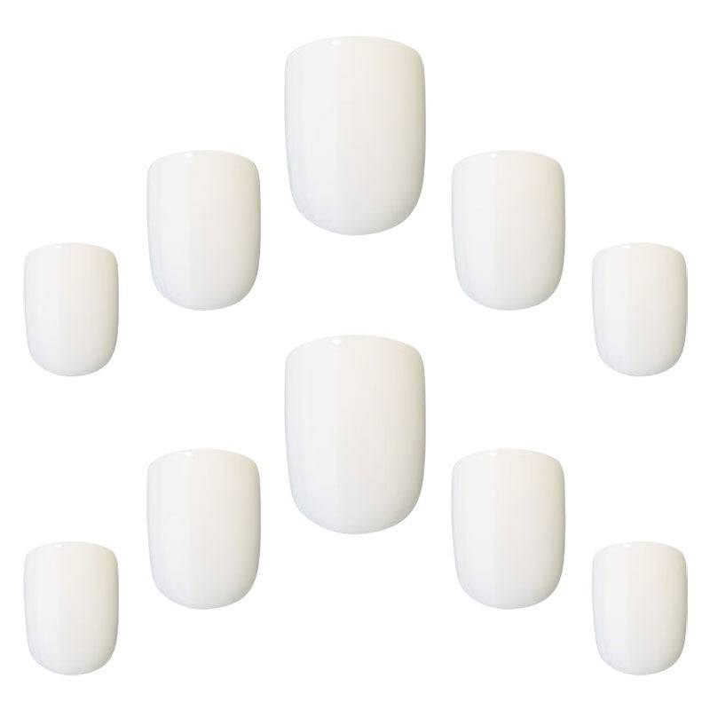 Elegant Touch Cloud White nail set with adhesive glue, showcasing sleek, stylish press-on nails for a polished look.