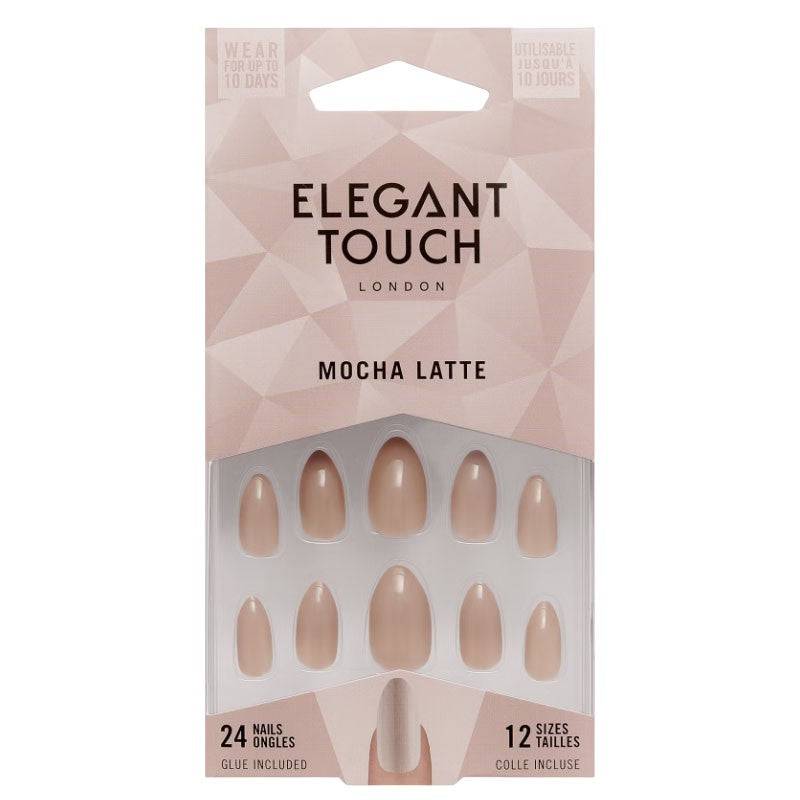 Elegant Touch Mocha Latte Nails with glue, showcasing a stylish set of almond-shaped nail extensions in a warm mocha latte color.