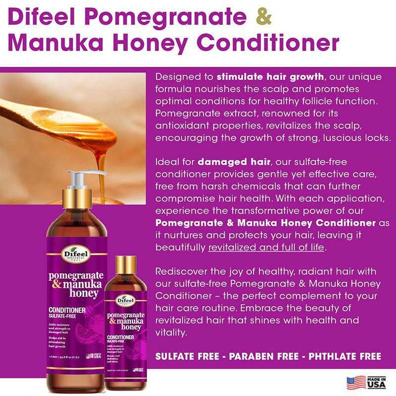 Difeel Pomegranate & Manuka Honey conditioner bottle with label, showcasing natural ingredients for nourishing hair care.