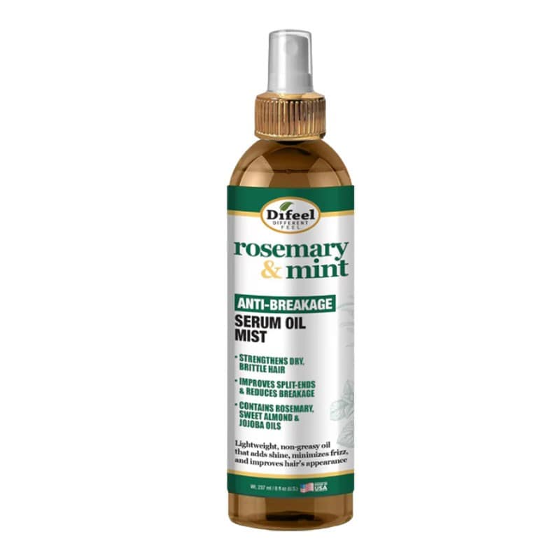 Difeel Rosemary & Mint Anti Breakage Serum Oil Mist for hair treatment, featuring a clear spray bottle with mist nozzle and fresh herbs.