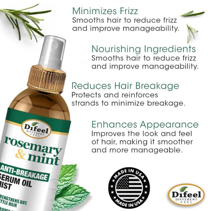 Difeel Rosemary & Mint Anti Breakage Serum Oil Mist for hair treatment, showing the spray bottle with herbal ingredients and product label.