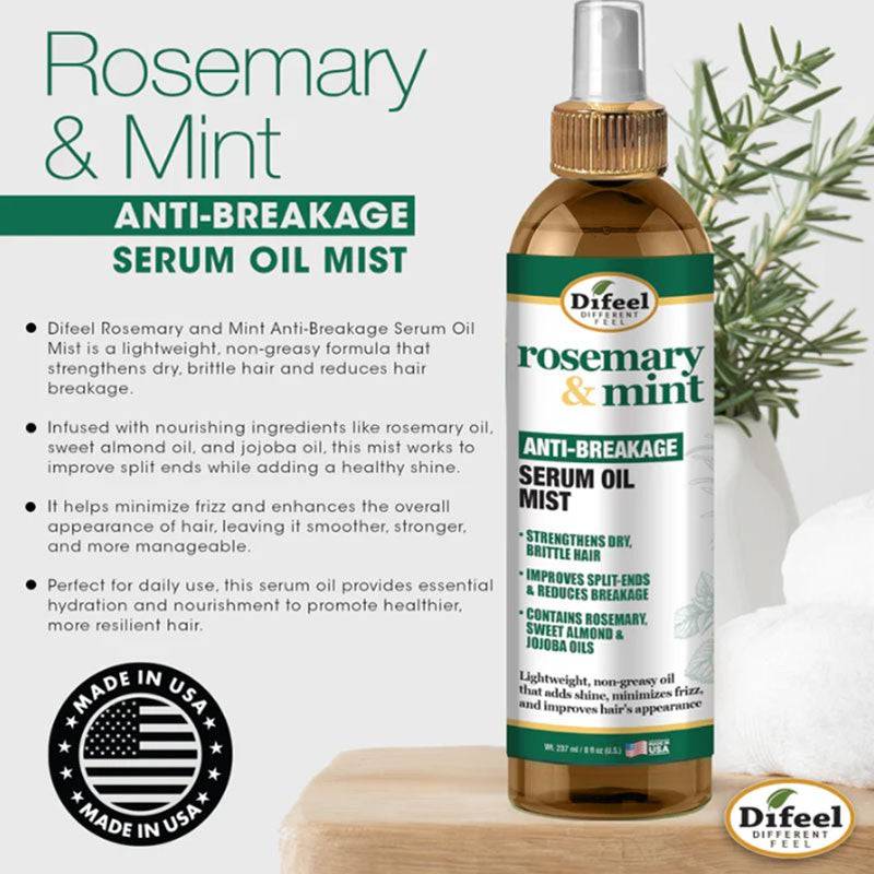 Difeel Rosemary & Mint Anti Breakage Serum Oil Mist for hair treatment with rosemary and mint, in a spray bottle.