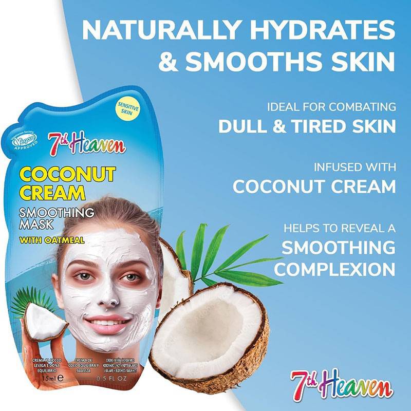 Montagne Jeunesse 7Th Heaven Coconut Cream Smoothing Hair Treatment mask in a jar, showcasing its creamy texture and tropical coconut scent.