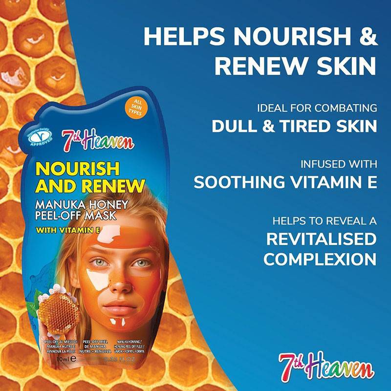 Montagne Jeunesse 7Th Heaven Nourish & Renew Manuka Honey Peel Off Mask for skin care, showing the mask&