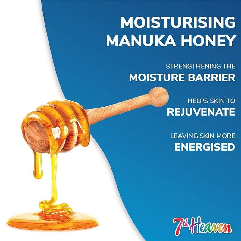 Montagne Jeunesse 7Th Heaven Nourish & Renew Manuka Honey Peel Off Mask for skin care, showing the mask application on a face
