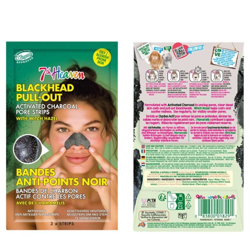Montagne Jeunesse 7Th Heaven Blackhead Pull Out Charcoal Pore Strips for deep cleansing and pore purification on skin.