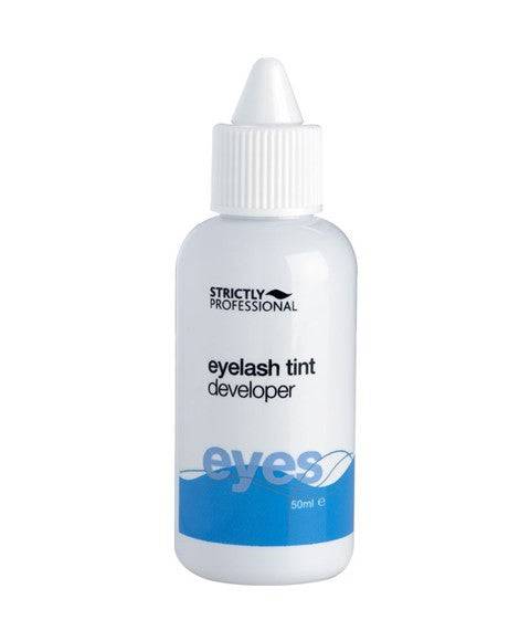 Bellitas Strictly Professional Eyelash Tint Developer for hair coloring and bleaching, shown in a professional hair salon setting.