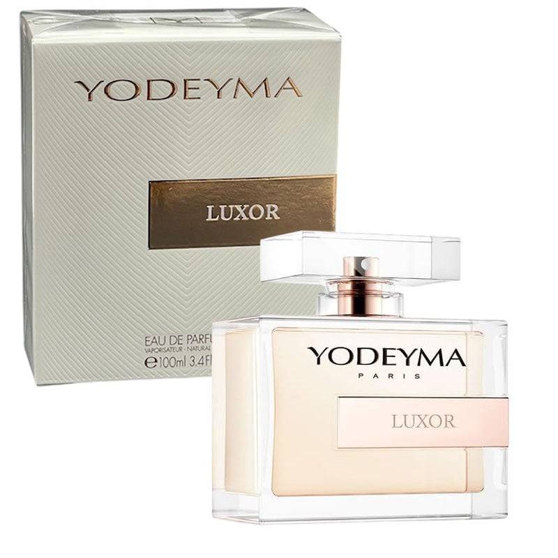 Yodeyma Luxor Eau De Parfum for Her, elegant glass bottle with floral and citrus notes, showcasing a luxurious fragrance.