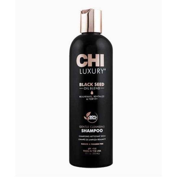 CHI Luxury Black Seed Oil Blend shampoo bottle on a white background, featuring a sleek design and gold accents.