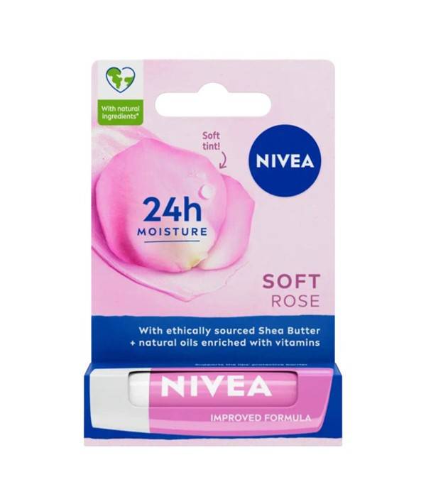 Nivea Soft Rose lip care tube with pink cap, displaying the Nivea logo and rose-scented lip balm inside.