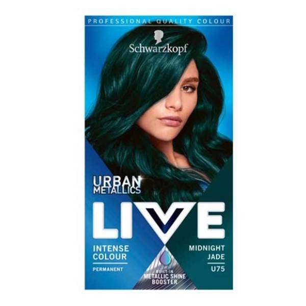 Schwarzkopf Live Urban Metallics Intense Permanent Hair Colour U75 Midnight Jade showing vibrant emerald-green hair dye in a bottle