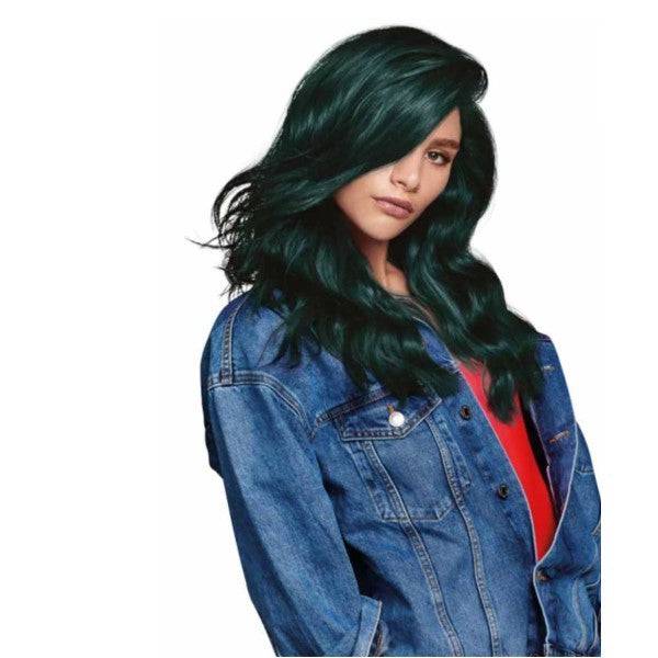 Schwarzkopf Live Urban Metallics Intense Permanent Hair Colour U75 Midnight Jade showing vibrant teal hair in a close-up shot.