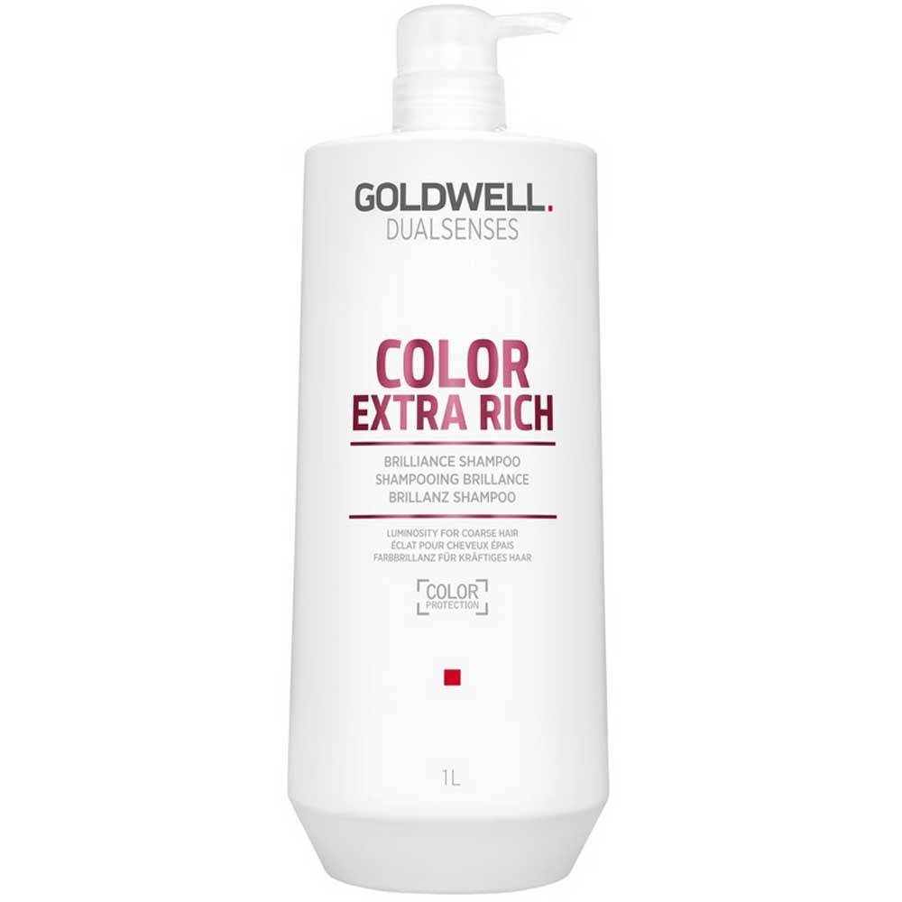 Goldwell Dualsenses Color Extra Rich Brilliance Shampoo bottle with gold and purple packaging, designed for vibrant, shiny hair.