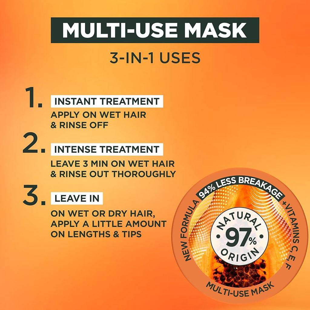 Garnier Ultimate Blends Repairing Hair Food Papaya 3 In 1 Hair Mask in a jar with papaya and moisturizing texture visible.