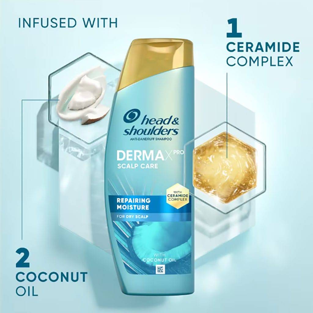 Head and Shoulders Dermax Pro Scalp Care Repairing Moisture Shampoo bottle, with a clean, professional label and product packaging.