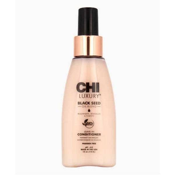 Farouk Systems CHI Luxury Black Seed Oil Blend Leave-In Conditioner bottle with black and gold packaging, displaying the product label.