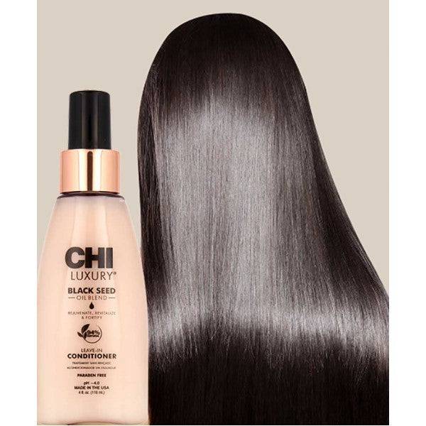 Farouk Systems CHI Luxury Black Seed Oil Blend leave-in conditioner bottle with black and gold labeling.