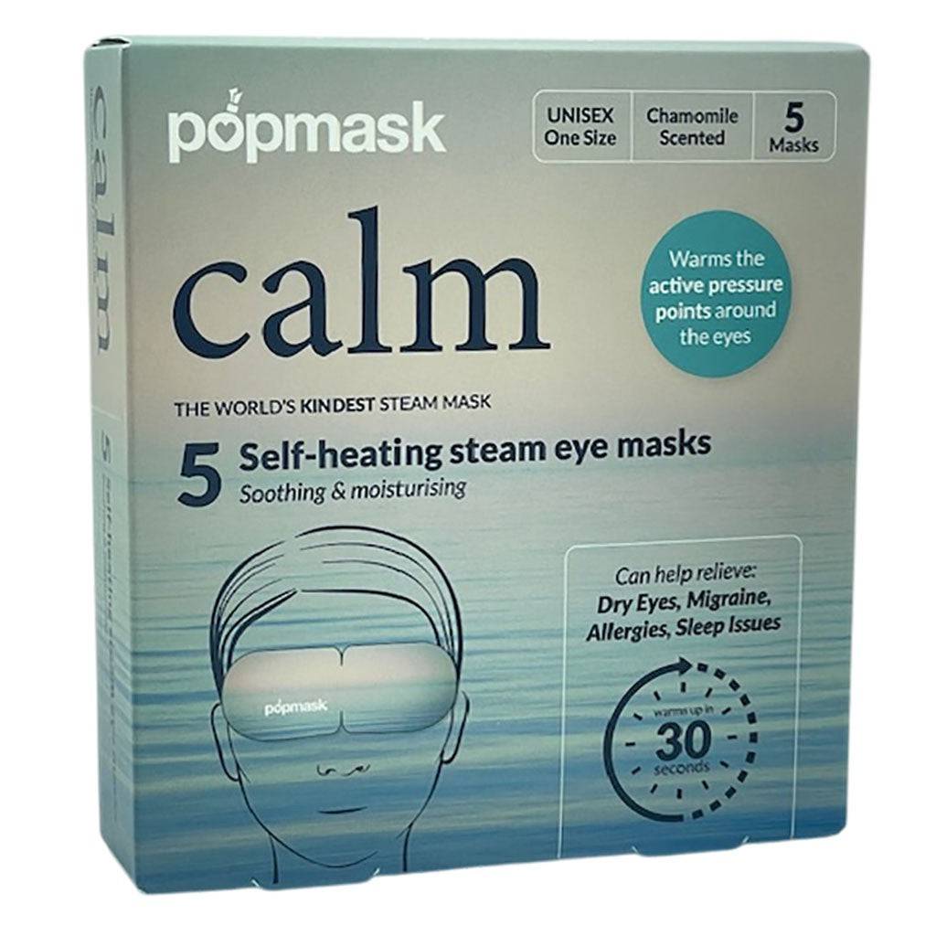 Pop Mask Calm 5 self-heating steam eye mask for relaxing eye care, shown in a sleek packaging with the mask inside.