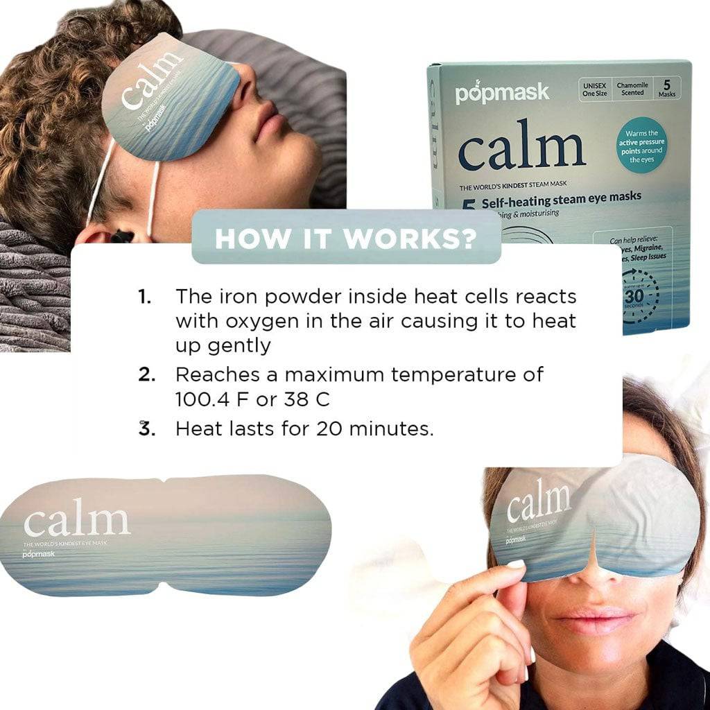 Pop Mask Calm 5 self-heating steam eye mask showing soft fabric and packaging, designed for relaxing eye care.