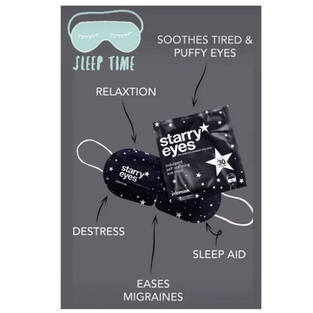Pop Mask Starry Eyes self-heating steam eye mask for relaxing eye care, featuring a starry eye design and soft fabric.