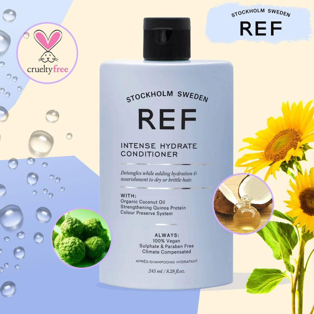 REF Stockholm Sweden Intense Hydrate Conditioner bottle, creamy formula for deep moisturizing and nourishing hair care.
