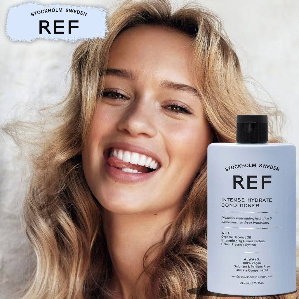 REF Stockholm Sweden Intense Hydrate Conditioner bottle, creamy hair conditioner with a sleek design for deep moisture.
