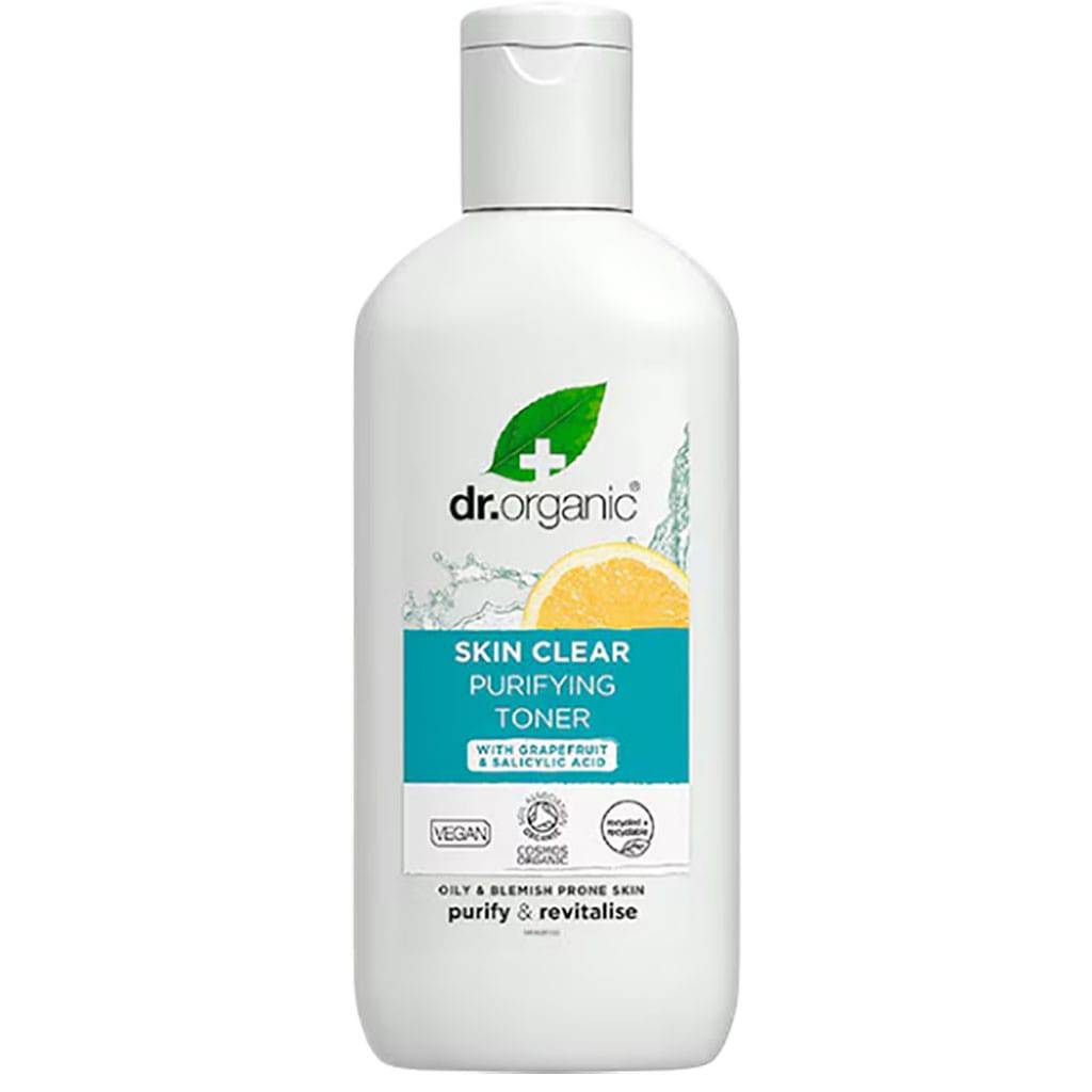Dr Organic Skin Clear Purifying Toner with grapefruit and salicylic acid, showing the skincare bottle and fresh grapefruit slices.