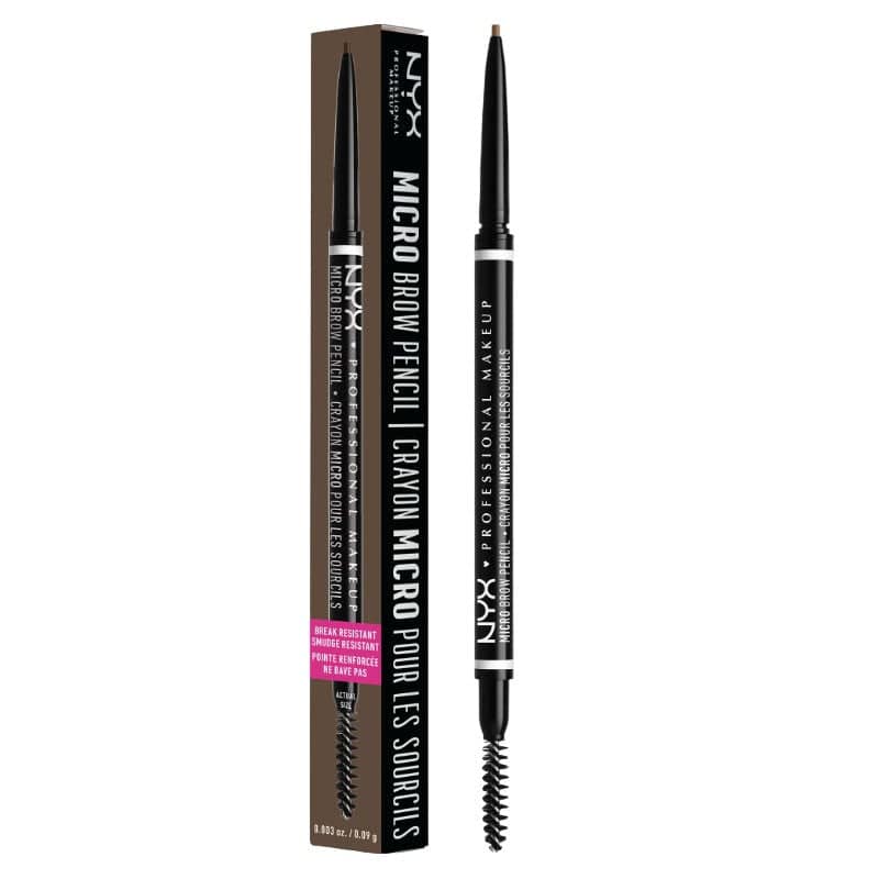 Close-up of the NYX Professional Makeup Micro Brow Pencil showing its slim design and brow color application on a model&