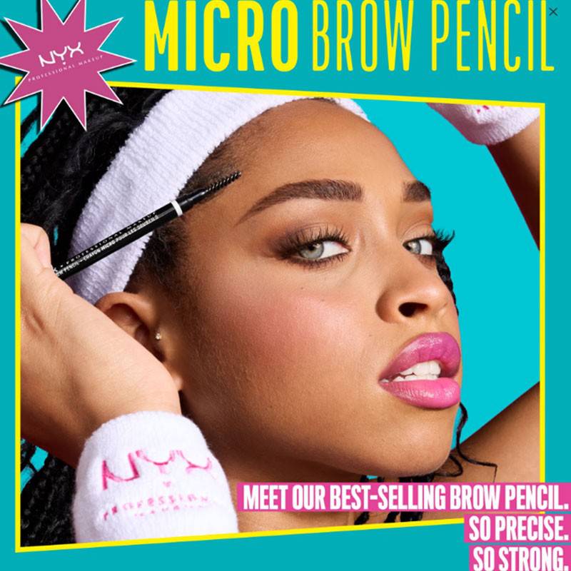 Close-up of NYX Professional Makeup Micro Brow Pencil showing its fine tip and brow color for natural-looking eyebrow enhancement.