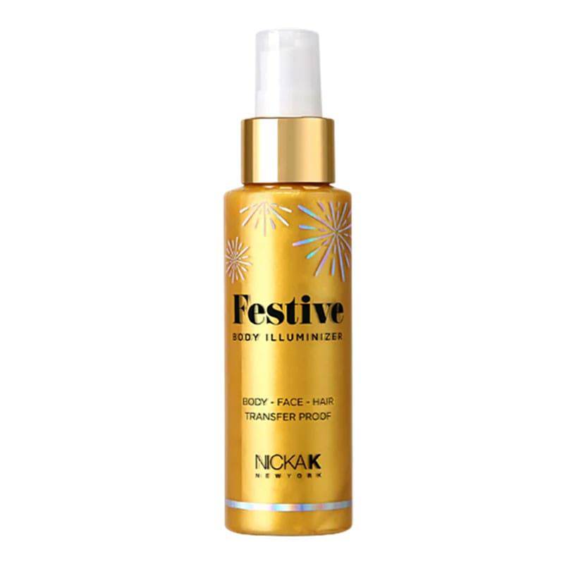 NICKA K New York Festive Body Illuminizer in gold, shimmering body care product with a luxurious glow and smooth texture.