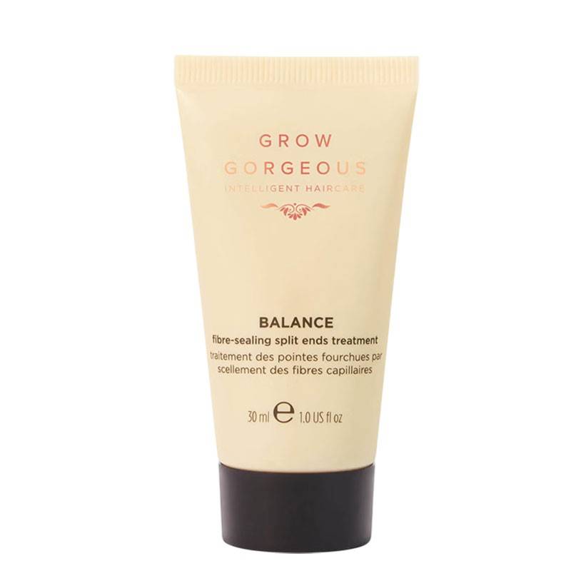 Grow Gorgeous Balance Split Ends Treatment hair spray in a sleek bottle, designed to help repair and protect split ends.
