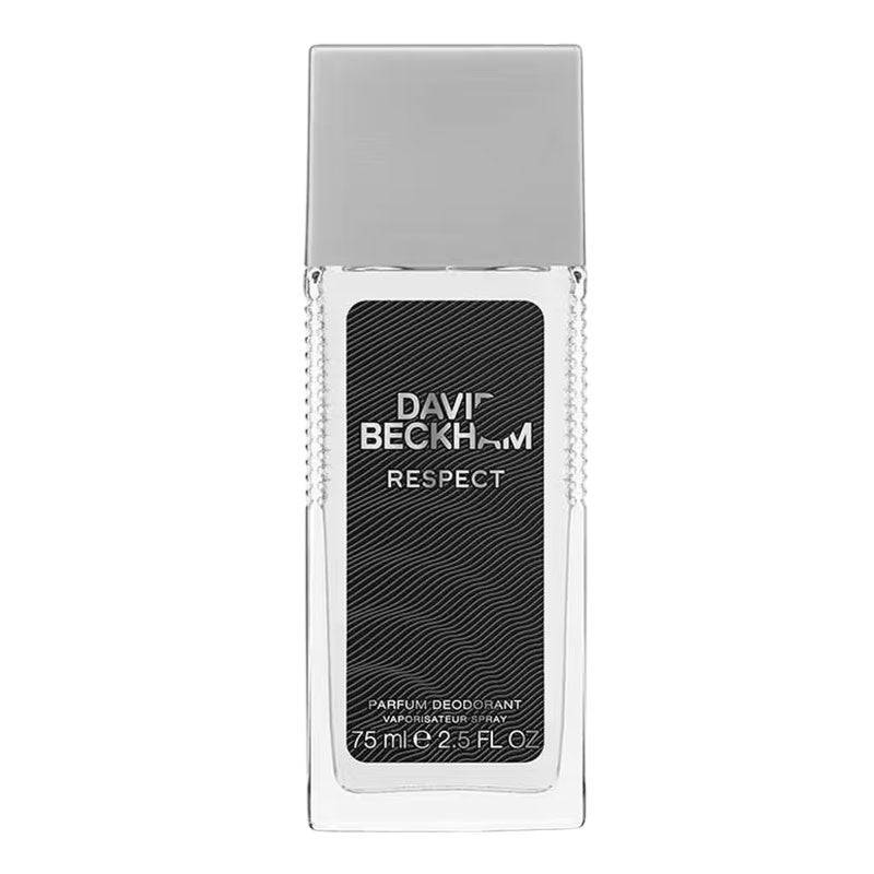 David Beckham Respect deodorant spray, body care product, featuring a sleek bottle with a modern design.