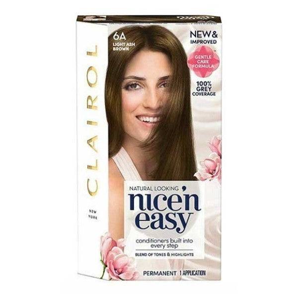 Clairol Nice N Easy permanent hair color in shade 6A Natural Light Ash Brown, showing the hair color and packaging.