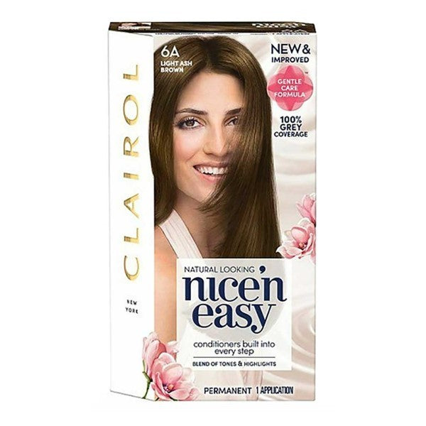 Clairol Nice N Easy Permanent Hair Color 6A Natural Light Ash Brown, showing the hair dye box with color swatch and branding.