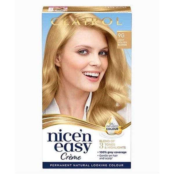 Clairol Nice N Easy Creme Permanent Hair Color in 9G Light Golden Blonde with the product packaging and color swatch.