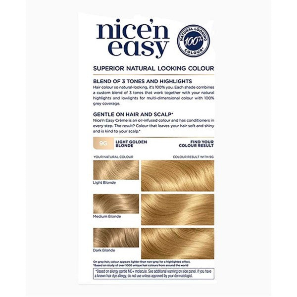Clairol Nice N Easy Creme Permanent Color 9G Light Golden Blonde hair dye in a tube with packaging.