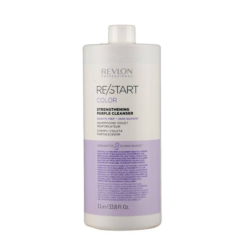 Revlon Restart Purple Shampoo for color-treated hair, featuring a strengthening formula to neutralize yellow tones.