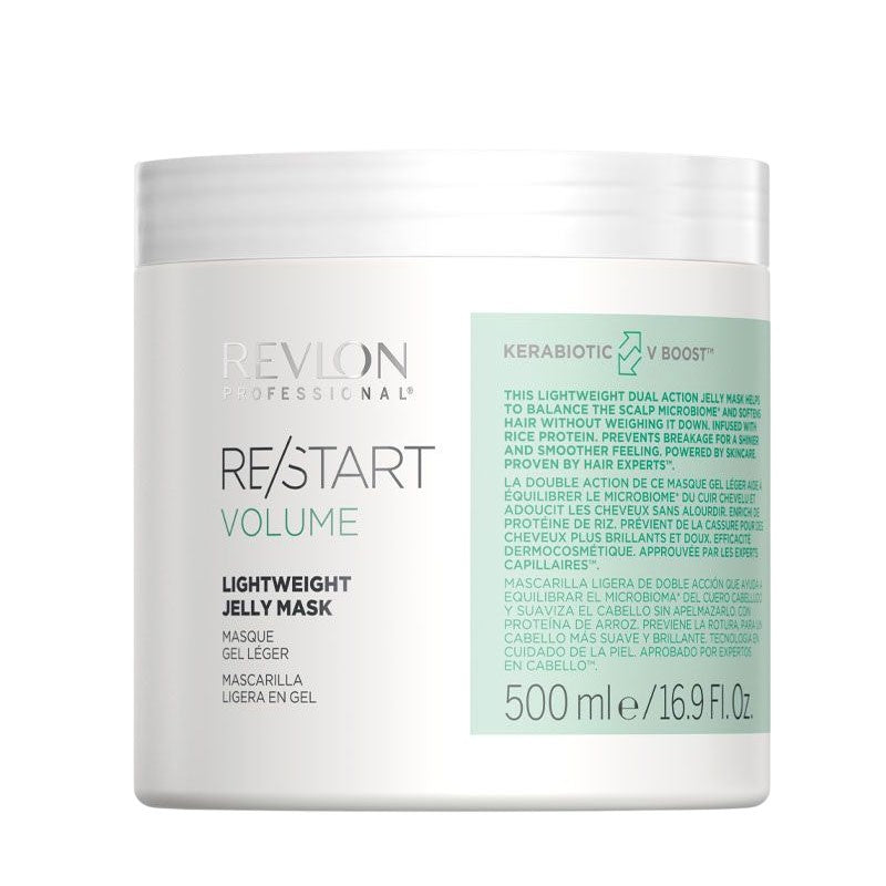 Revlon Restart Volume Lightweight Jelly Mask hair treatment jar with a smooth, transparent jelly texture for revitalizing hair.