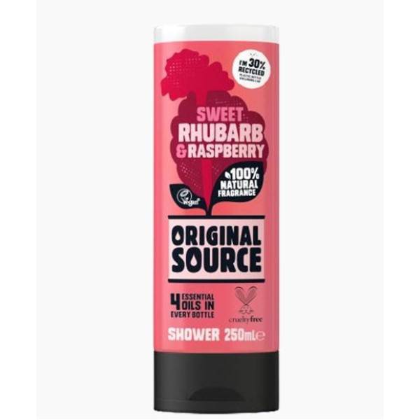 Original Source Sweet Rhubarb and Raspberry shower gel in a clear bottle with pink and purple accents, suitable for bath and shower use.