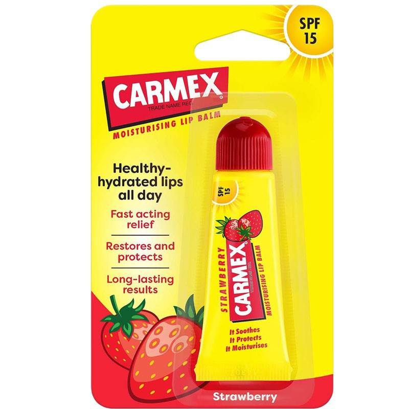 Carma Laboratories Carmex Moisturising Lip Balm Stick in Strawberry flavor for soft, hydrated lips.