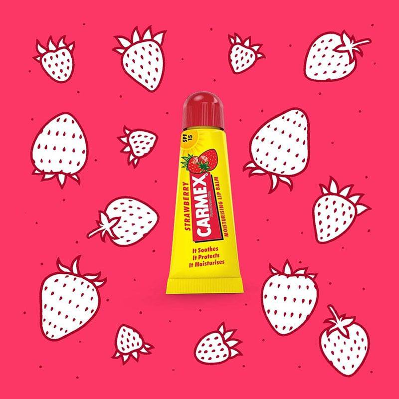 Carma Laboratories Carmex Moisturising Lip Balm Stick in strawberry flavor, showing the lip care product with a red balm stick.