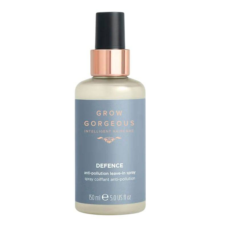 Grow Gorgeous Defense Leave-In Spray for hair treatment, showing the spray bottle with label and hair care application.
