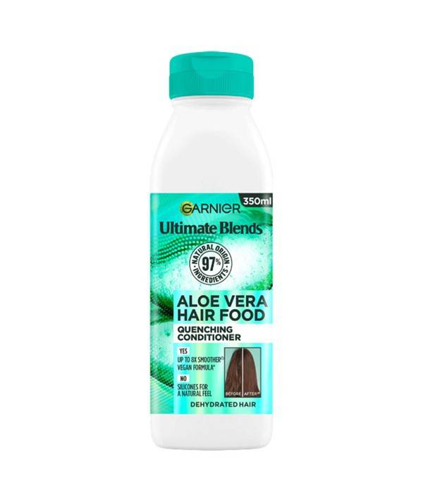 Garnier Ultimate Blends Aloe Vera Hair Food Quenching Conditioner bottle with aloe vera imagery on label