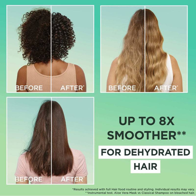 Garnier Ultimate Blends Aloe Vera Hair Food Quenching Conditioner bottle with label, designed for nourishing and moisturizing hair.