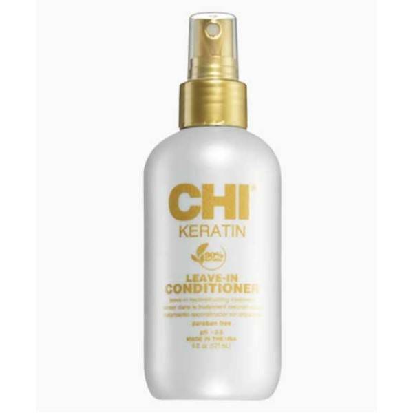 Farouk Systems CHI Keratin Leave-In Conditioner bottle, a nourishing hair conditioner in a sleek, white and purple bottle.